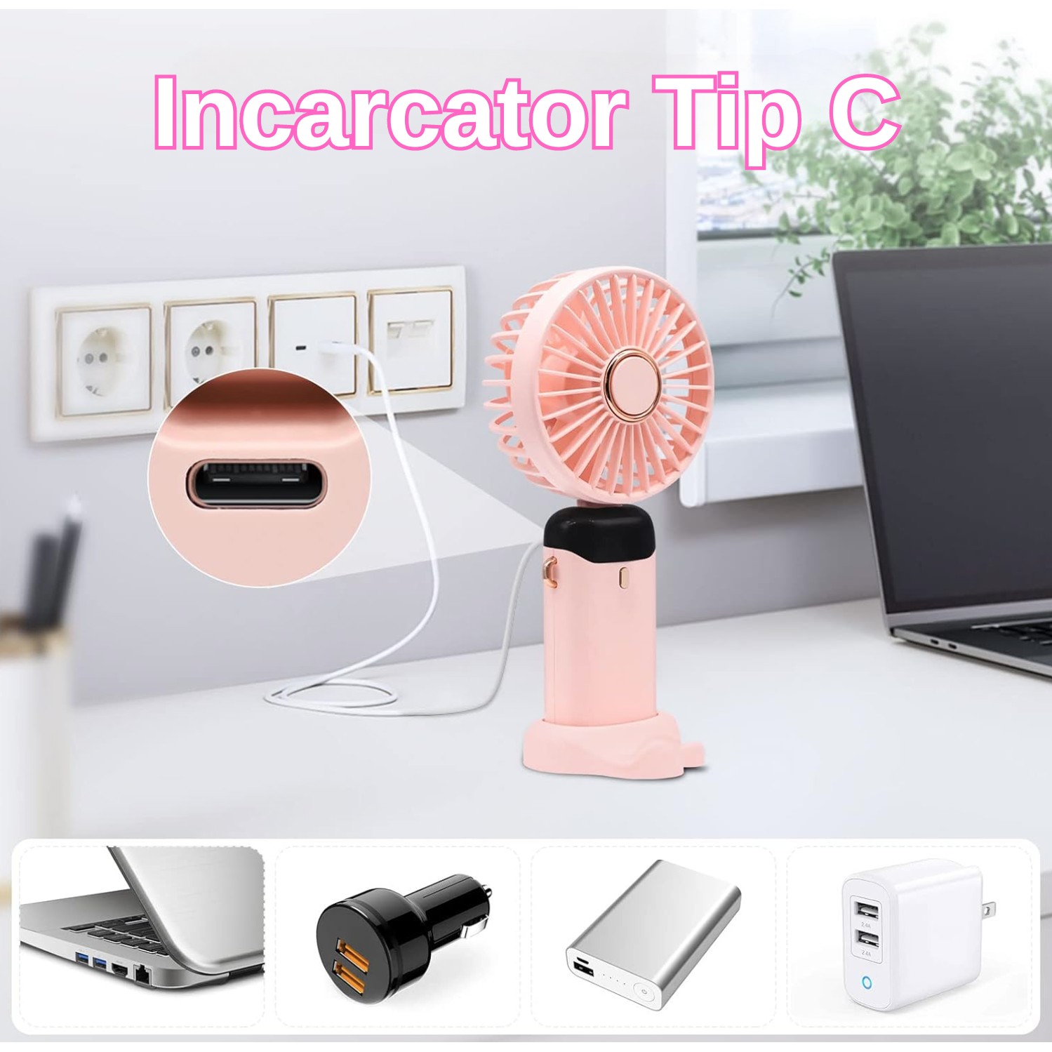 Ventilator Ultra Portabil cu Aromaterapie, , 3 in 1, de Mana, de Birou, de Gat, 5 Trepte de Viteza, Incarcare USB, Autonomie 12h, Pliabil, cu Ecran LCD, Roz - imagine 4