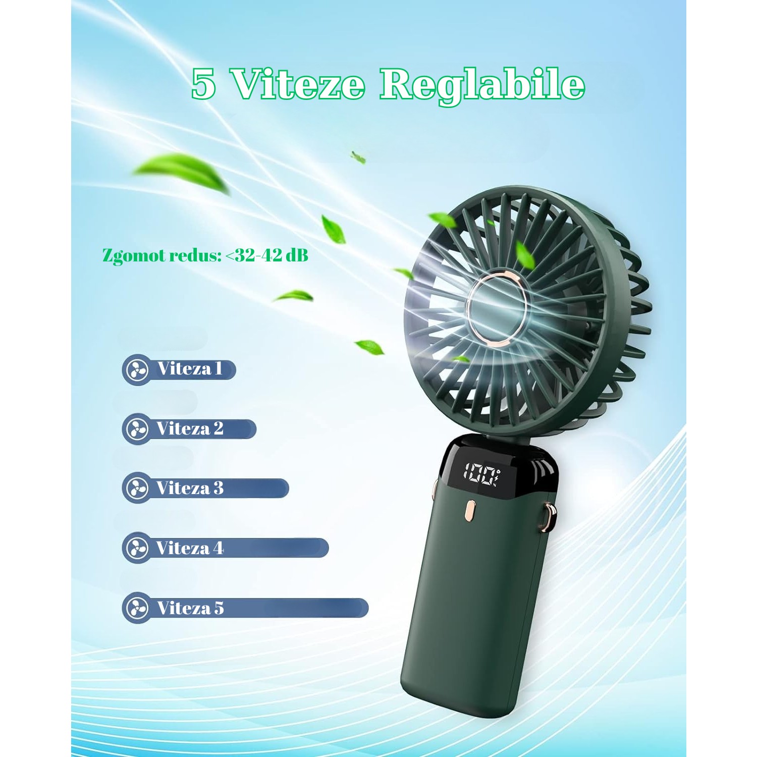Ventilator Ultra Portabil cu Aromaterapie, , 3 in 1, de Mana, de Birou, de Gat, 5 Trepte de Viteza, Incarcare USB, Autonomie 12h, Pliabil, cu Ecran LCD, Verde - imagine 2