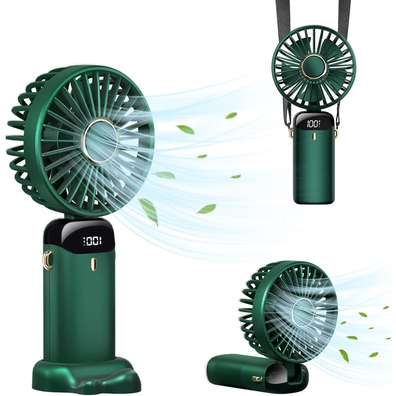 Ventilator Ultra Portabil cu Aromaterapie, , 3 in 1, de Mana, de Birou, de Gat, 5 Trepte de Viteza, Incarcare USB, Autonomie 12h, Pliabil, cu Ecran LCD, Verde - imagine 3