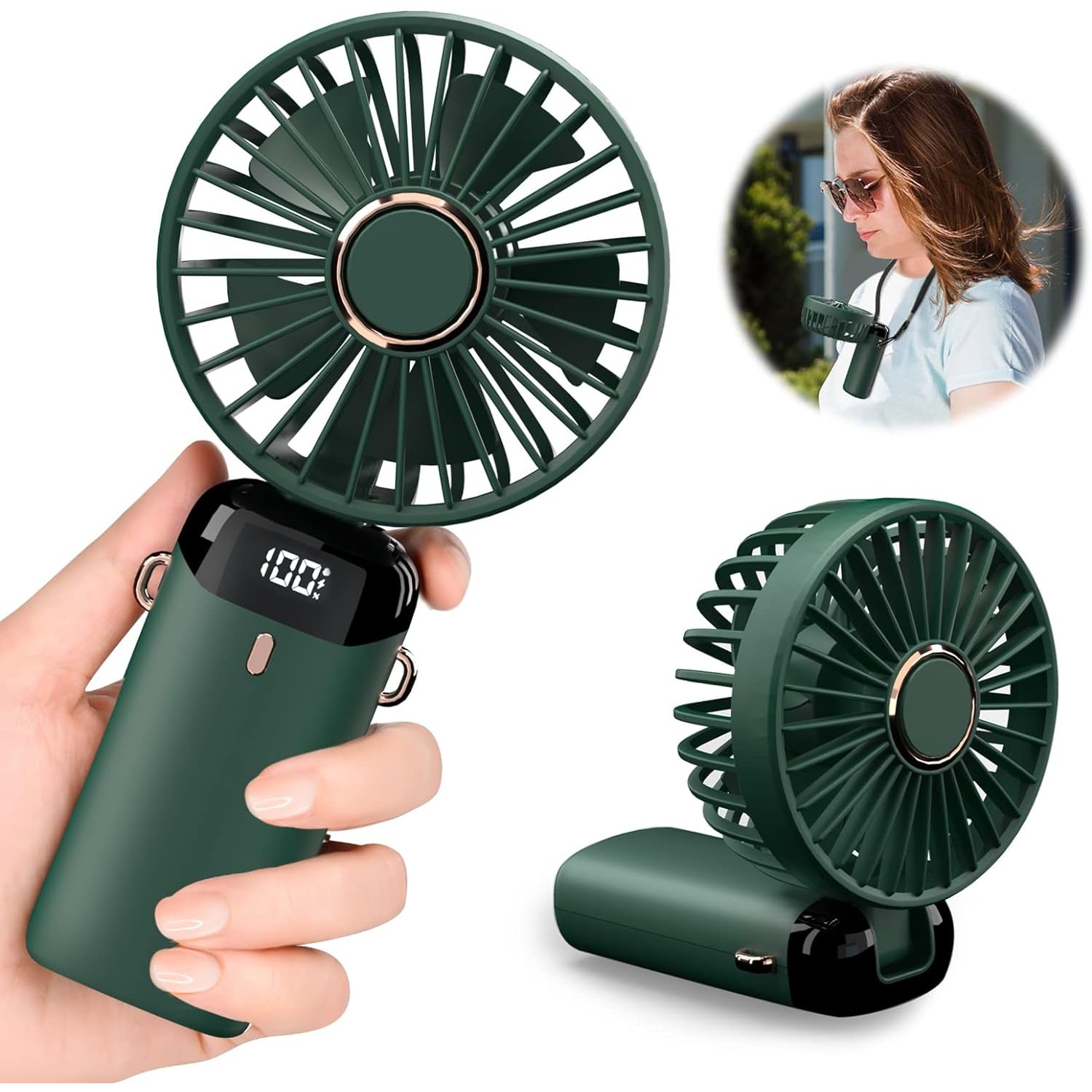 Ventilator Ultra Portabil cu Aromaterapie, , 3 in 1, de Mana, de Birou, de Gat, 5 Trepte de Viteza, Incarcare USB, Autonomie 12h, Pliabil, cu Ecran LCD, Verde - imagine 4