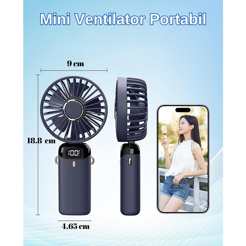 Ventilator Ultra Portabil cu Aromaterapie, , 3 in 1, de Mana, de Birou, de Gat, 5 Trepte de Viteza, Incarcare USB, Autonomie 12h, Pliabil, cu Ecran LCD, Albastru - imagine 4
