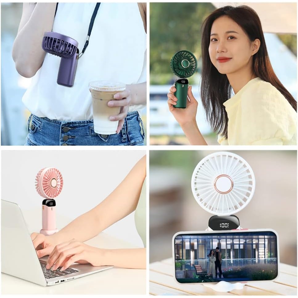 Ventilator Ultra Portabil cu Aromaterapie, , 3 in 1, de Mana, de Birou, de Gat, 5 Trepte de Viteza, Incarcare USB, Autonomie 12h, Pliabil, cu Ecran LCD, Mov - imagine 3