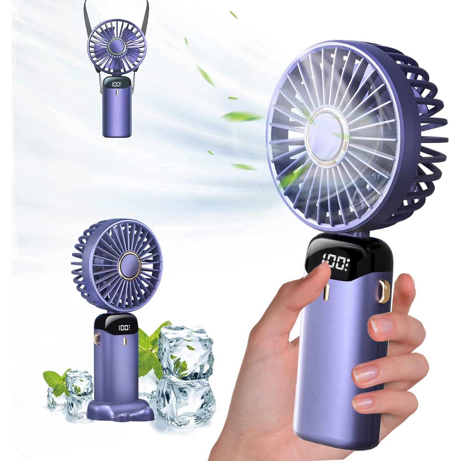 Ventilator Ultra Portabil cu Aromaterapie, , 3 in 1, de Mana, de Birou, de Gat, 5 Trepte de Viteza, Incarcare USB, Autonomie 12h, Pliabil, cu Ecran LCD, Mov - imagine 4