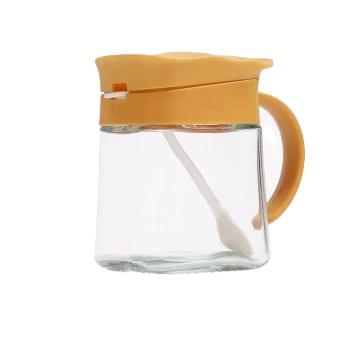 Recipient Condimente, , din Stilca, 180 ml, cu Maner si Lingurita, 11.3 x 8.2 cm, Capac Ondulat, Galben