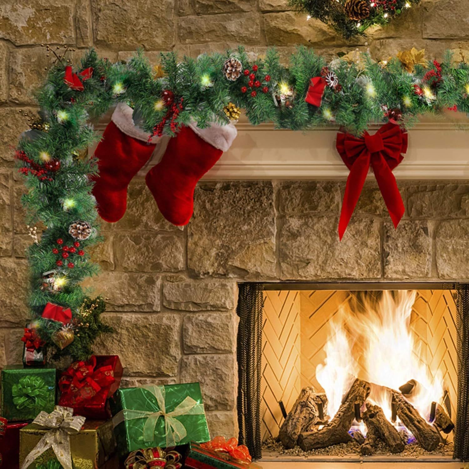 Ghirlanda de Craciun, , din Brad Artificial cu Decoratiuni, cu Baterii, 30 LED-uri, 180 cm, Verde - imagine 4