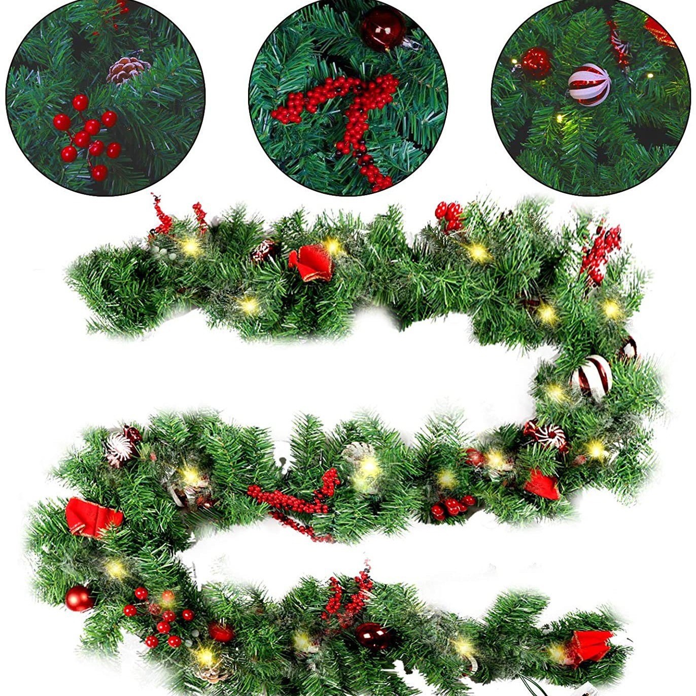 Ghirlanda de Craciun, , din Brad Artificial cu Decoratiuni, cu Baterii, 30 LED-uri, 180 cm, Verde