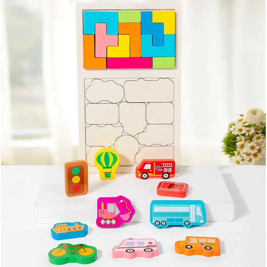 Puzzle Montessori din Lemn pentru Copii, , Tip Tetris 2in1, +3 Ani, cu Masini Colorate 3D, Educativ, Intuitiv, Creativ, 21 de Piese, 28.5x17x1.2 cm, Multicolor - imagine 3