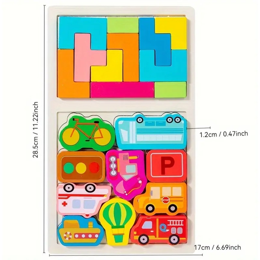 Puzzle Montessori din Lemn pentru Copii, , Tip Tetris 2in1, +3 Ani, cu Masini Colorate 3D, Educativ, Intuitiv, Creativ, 21 de Piese, 28.5x17x1.2 cm, Multicolor - imagine 4