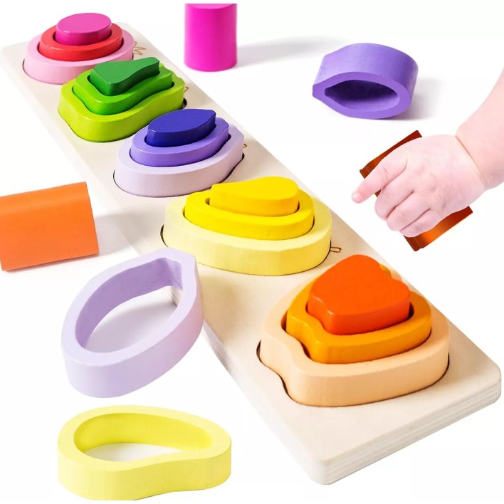 Jucarie Montessori din Lemn, , Tip Puzzle, cu 5 Forme Asimetrice, 15 Piese, Model Fructe, Educativa, Interactiva, Creativa, Materiale Non Toxice, +2 Ani, 29x6.5 cm, Multicolor - imagine 2