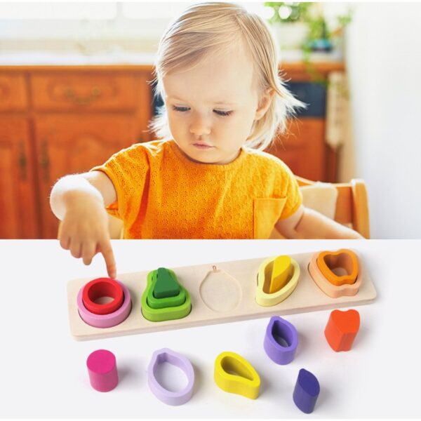 Jucarie Montessori din Lemn, , Tip Puzzle, cu 5 Forme Asimetrice, 15 Piese, Model Fructe, Educativa, Interactiva, Creativa, Materiale Non Toxice, +2 Ani, 29x6.5 cm, Multicolor - imagine 4