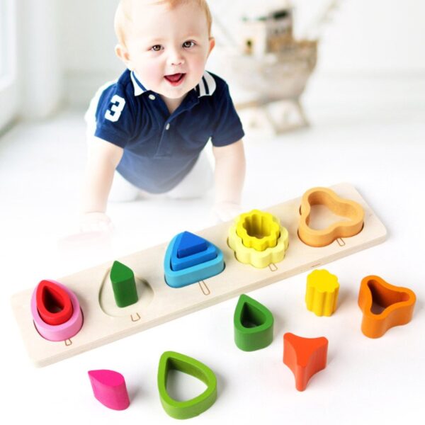 Jucarie Montessori din Lemn, , Tip Puzzle, cu 5 Forme Asimetrice, 15 Piese, Educativa, Interactiva, Creativa, Model Copaci, Materiale Non Toxice, +2 Ani, 29x6.5 cm, Multicolor - imagine 2