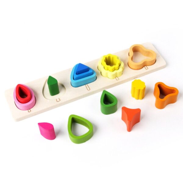 Jucarie Montessori din Lemn, , Tip Puzzle, cu 5 Forme Asimetrice, 15 Piese, Educativa, Interactiva, Creativa, Model Copaci, Materiale Non Toxice, +2 Ani, 29x6.5 cm, Multicolor - imagine 3