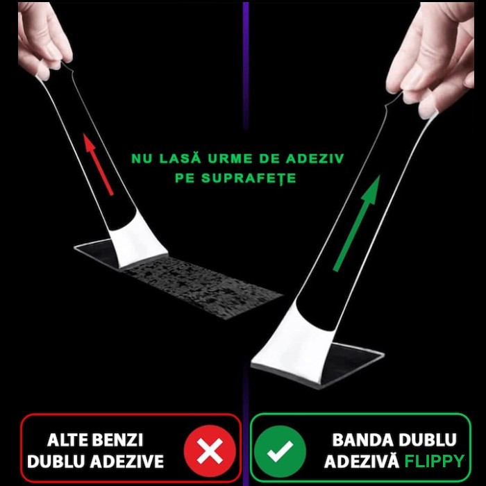 Banda Dublu Adeziva, Flippy, Transparenta, Rezistenta la Apa, Reutilizabila, Tehnologie Nano, 50mm x 1mm x 2m, Fara Urme - imagine 4