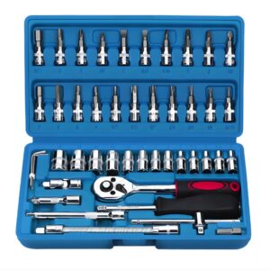Chei tubulare Set 46 de Piese, Flippy, Trusa Scule de Reparatii Auto, Prelungitoare Rigid si Flexibil, Articulatie Cardanica, Antrenor de Forta Glisant, Adaptoare, Maner pentru Surubelnita, 23 x 12 x 4 cm, 1.9 kg, Cutie Albastra