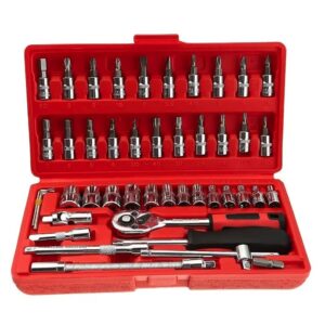 Chei tubulare Set 46 de Piese, Flippy, Trusa Scule de Reparatii Auto, Prelungitoare Rigid si Flexibil, Articulatie Cardanica, Antrenor de Forta Glisant, Adaptoare, Maner pentru Surubelnita, 23 x 12 x 4 cm, 1.9 kg, Cutie Rosie