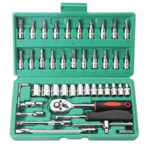 Chei tubulare Set 46 de Piese, Flippy, Trusa Scule de Reparatii Auto, Prelungitoare Rigid si Flexibil, Articulatie Cardanica, Antrenor de Forta Glisant, Adaptoare, Maner pentru Surubelnita, 23 x 12 x 4 cm, 1.9 kg, Cutie Verde