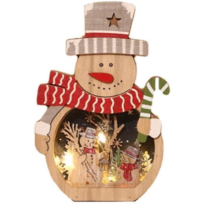 Decoratiune de Craciun, Flippy, cu Lumini LED, din Lemn, 16 x 10.5 x 3.5 cm, Model Om de Zapada, Multicolor