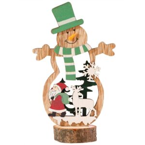 Decoratiune de Craciun, Flippy, din Lemn, 10.5 x 18 cm, Model Om de Zapada cu Caciula Verde, Multicolor