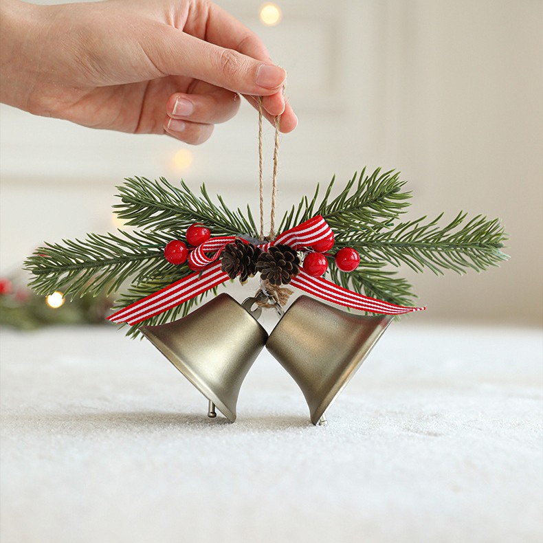 Decoratiune de Craciun pentru Brad, Flippy, Model 2 Clopotei de Craciun cu Crenguta de Brad, Decoratiune pentru Interior de Craciun, Albastru fier - imagine 3