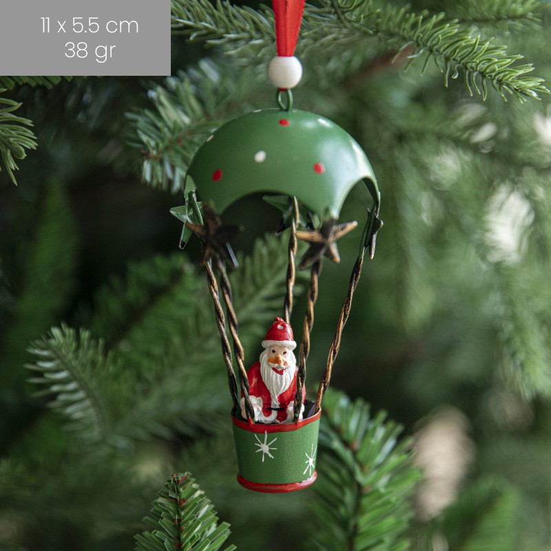 Figurina pentru Brad de Craciun, Flippy, Model Mos Craciun in Balon cu Aer Cald, Ornament pentru Brad, din Metal, 11 x 5.5 x 5.5 cm, Verde - imagine 2