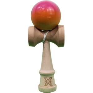 Jucarie Kendama X Originala, Profesionala, Flippy, Super Sticky din Lemn, 18 cm,Roz/Portocaliu/Galben