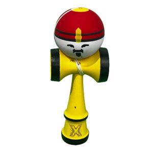 Jucarie Interactiva Kendama X Profesionala Model Rege, Flippy, din Lemn, 18 cm, Joc de Indemanare pentru Copii si Adulti, Model Bicolor cu Maner Galben, Rosu Alb