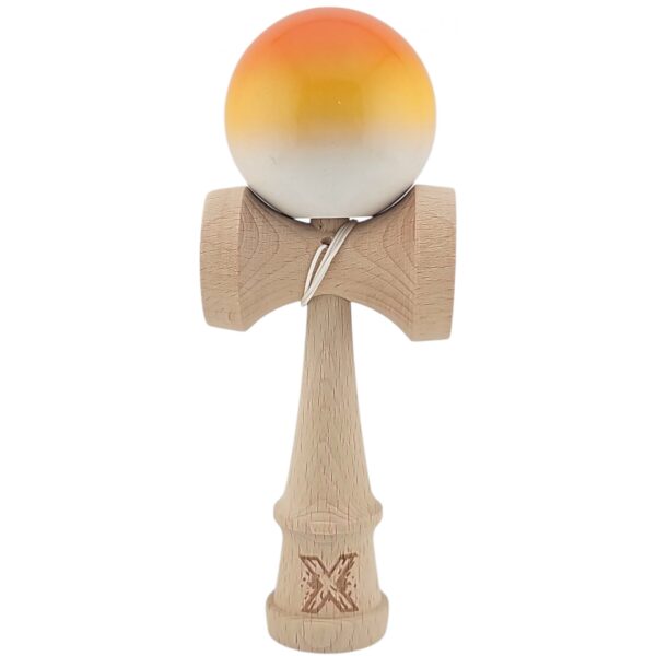 Kendama X Originala, Profesionala, Flippy, Super Sticky din Lemn, 18 cm, Gradient Portocaliu/Galben/Alb