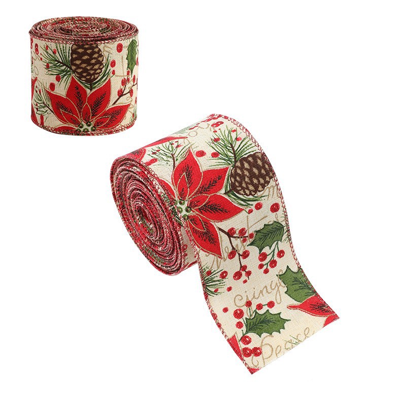 Panglica Decorativa pentru Craciun, Flippy, Ornament pentru Brad de Craciun, Pretreceri, Panglica cu Design Conuri si Floare Rosie, 200 x 6.3 cm, Khaki  - imagine 2
