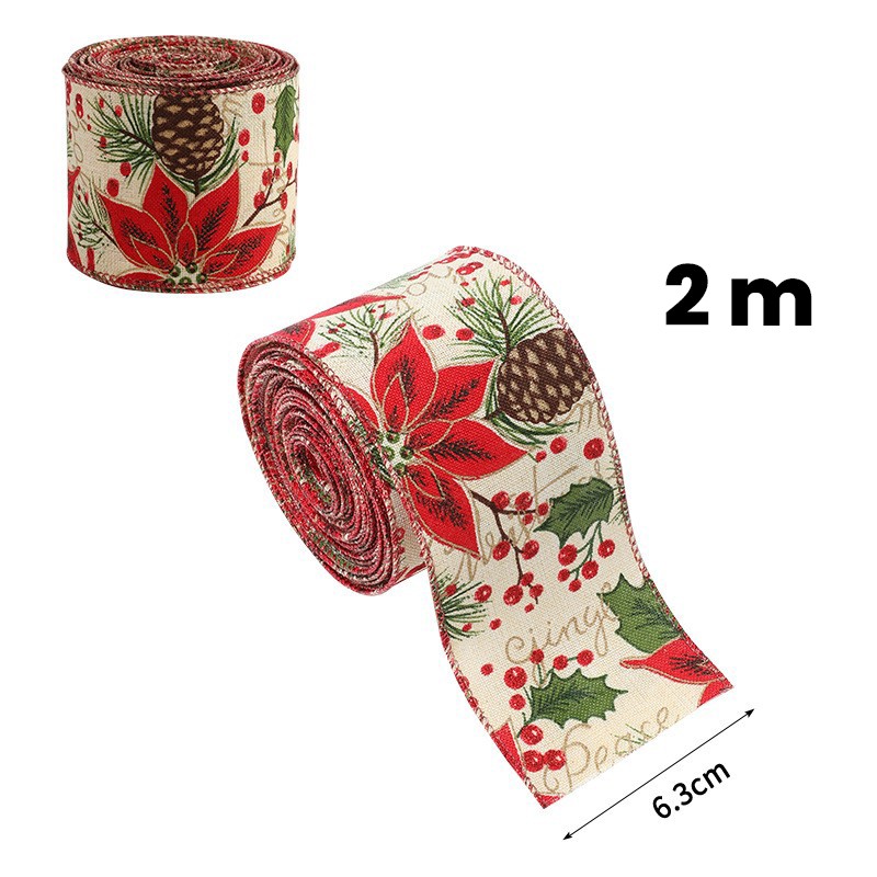Panglica Decorativa pentru Craciun, Flippy, Ornament pentru Brad de Craciun, Pretreceri, Panglica cu Design Conuri si Floare Rosie, 200 x 6.3 cm, Khaki  - imagine 3