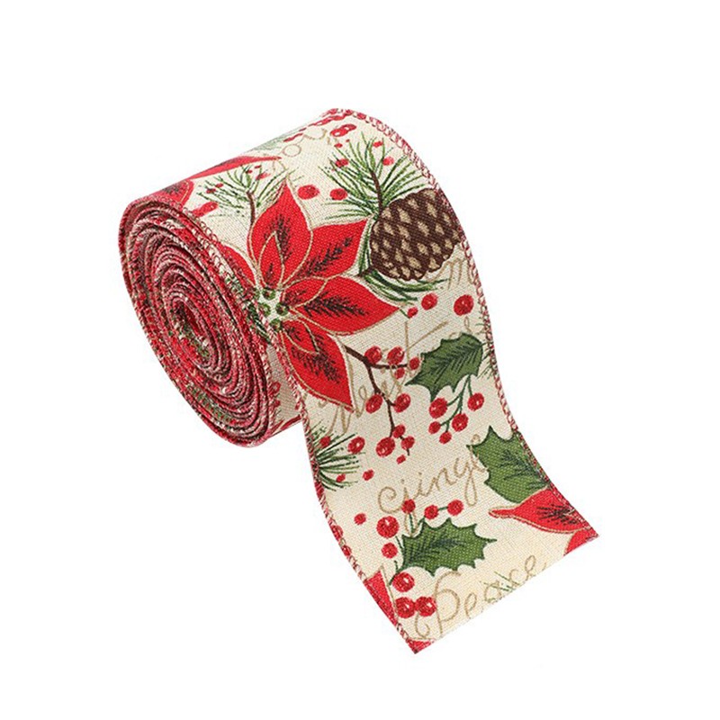 Panglica Decorativa pentru Craciun, Flippy, Ornament pentru Brad de Craciun, Pretreceri, Panglica cu Design Conuri si Floare Rosie, 200 x 6.3 cm, KhakiÂ