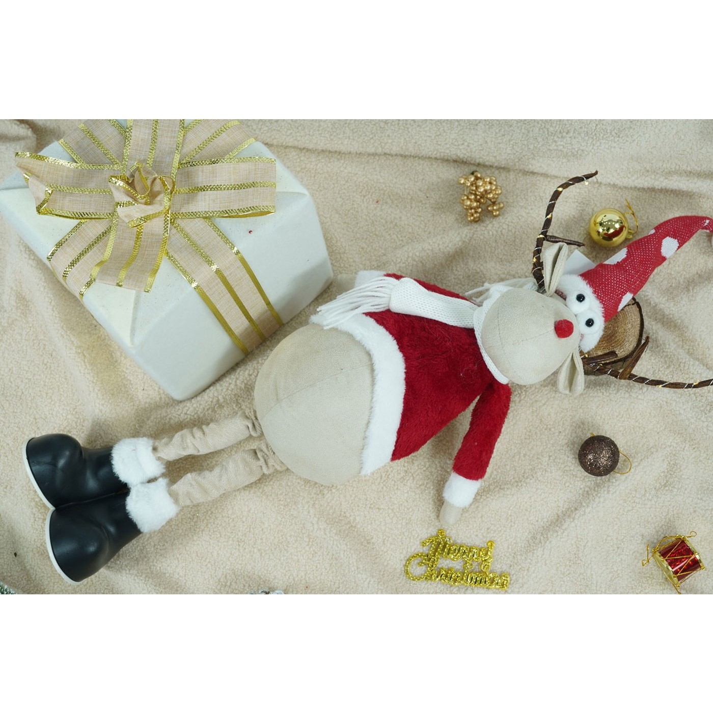 Ornament de Craciun ren, Flippy, rosu/alb, textil, 70 cm - imagine 3
