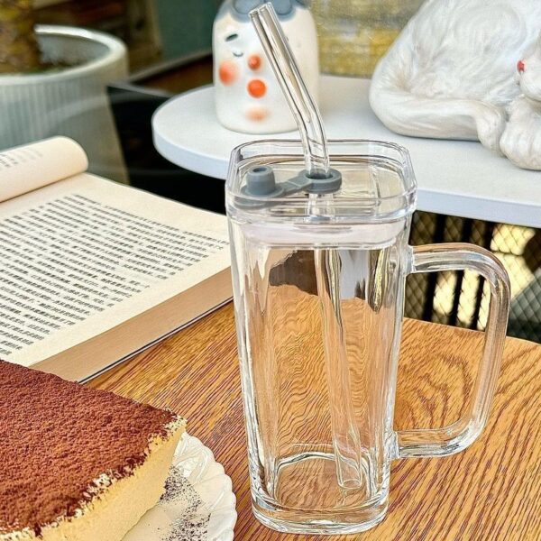 Pahar pentru Racoritoare, Flippy, din Sticla, 330 ml, cu Pai si Maner, Model Clear, Transparent