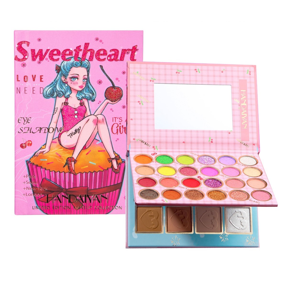 Trusa de machiaj, paleta de farduri , iluminator si blush Sweetheart cu 32 de culori pigmentate, Flippy