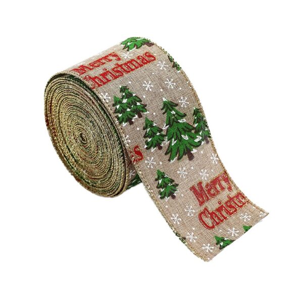 Panglica de Craciun pentru Decor Brad, Flippy, Panglica Decorativa de Craciun pentru Funde, Imprimeu Brazi Merry Christmas, 200 x 6.3 m, Khaki Verde Rosu