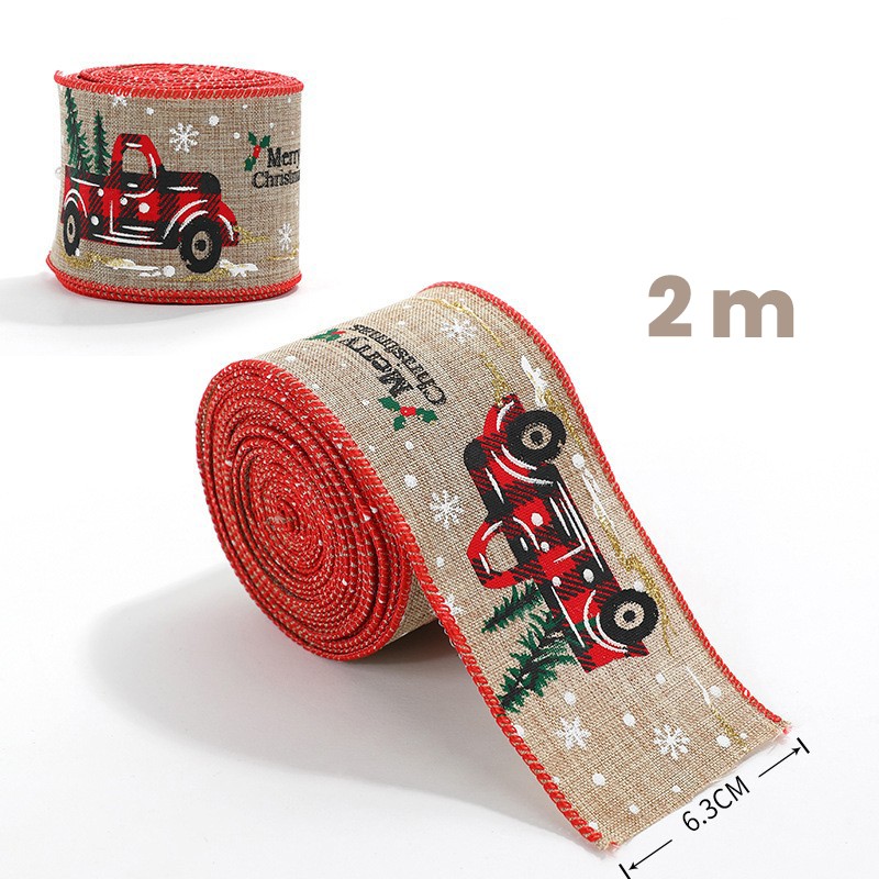 Panglica de Craciun pentru Decor Brad, Flippy, Panglica Decorativa de Craciun pentru Funde, Imprimeu Pick-Up Merry Christmas, 200 x 6.3 m, Khaki Rosu - imagine 2
