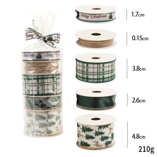Panglica Decorativa cu Tematica de Craciun, Flippy, Set din 4 bucat + 1 Rulon Ata Maro, Panglica pentru Cadou de Craciun Brad si Decor, 2 M per bucata, Model Brad, Alb Verde - imagine 2