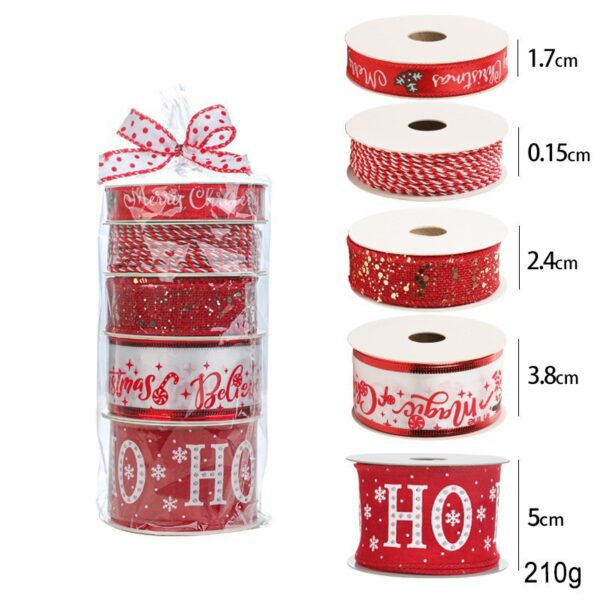 Panglica Decorativa cu Tematica de Craciun, Flippy, Set din 4 bucat + 1 Rulon Ata Rosie Alba, Panglica pentru Cadou de Craciun Brad si Decor, 2 M per bucata, Model HO HO HO, Rosu - imagine 2