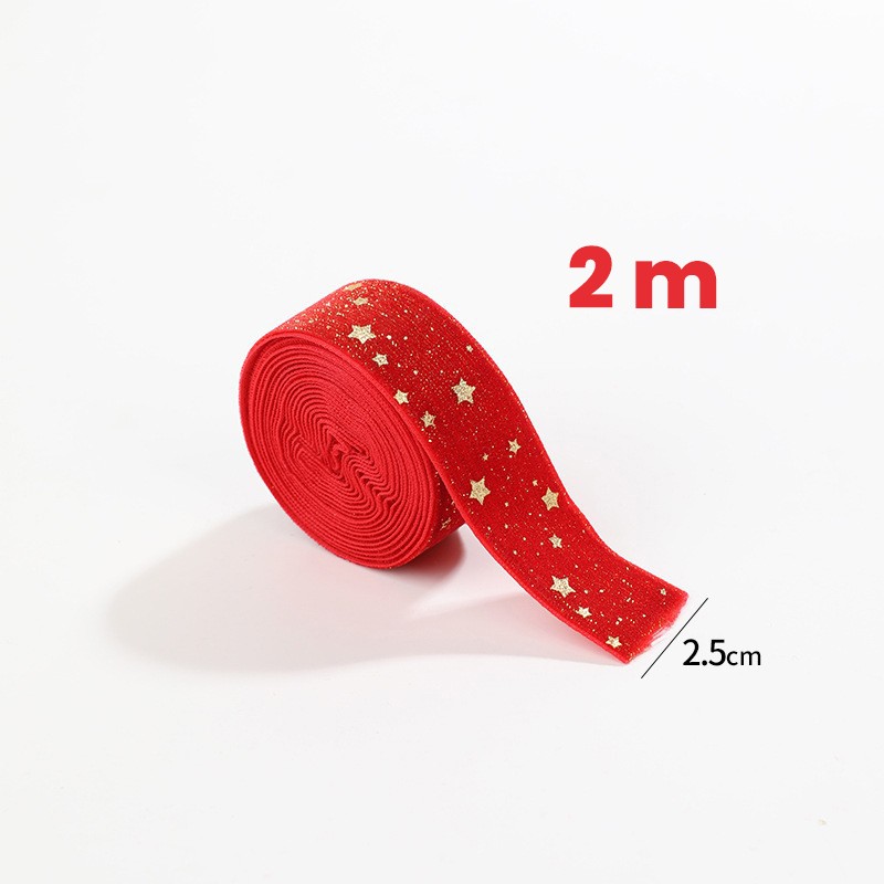 Panglica Decorativa de Craciun, Flippy, Panglica din Panza cu aspec de Catifea, Funda Ornament, Model cu Stele Aurii, Decor pentru Brad de Craciun, 200 x 2.5 cm, Rosu - imagine 2