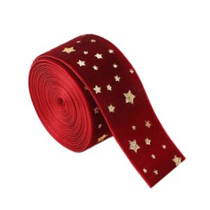 Panglica Decorativa de Craciun, Flippy, Panglica din Panza cu aspec de Catifea, Funda Ornament, Model cu Stele Aurii, Decor pentru Brad de Craciun, 200 x 4 cm, Rosu