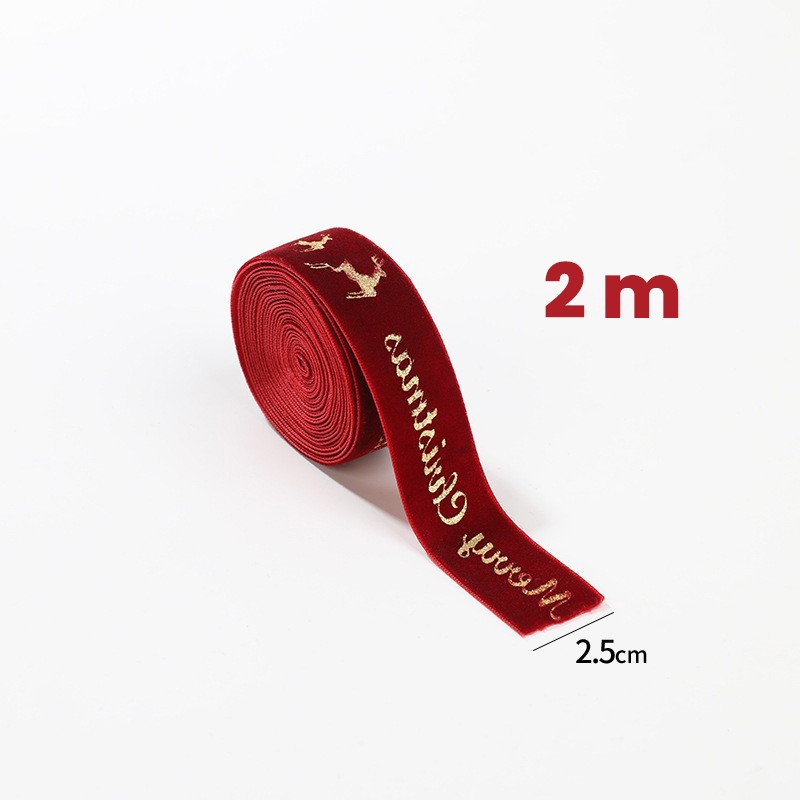 Panglica Decorativa de Craciun, Flippy, Panglica din Panza cu aspec de Catifea, Funda Ornament, Model Merry Christmas si Cerbi Aurii, Decor pentru Brad de Craciun, 200 x 2.5 cm, Rosu - imagine 2