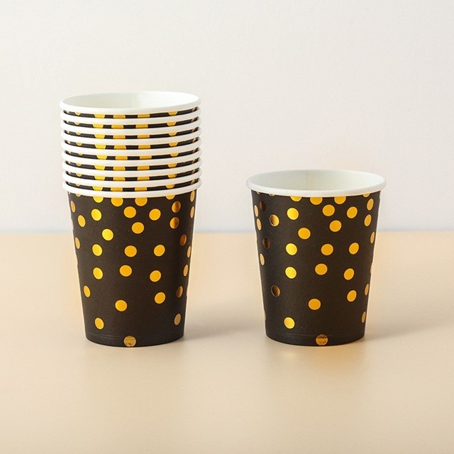 Set 10 Pahare, Flippy, Imprimeu cu Buline, din Carton, 250 ml, 7 x 8.5 x 5 cm, Negru/Auriu - imagine 2