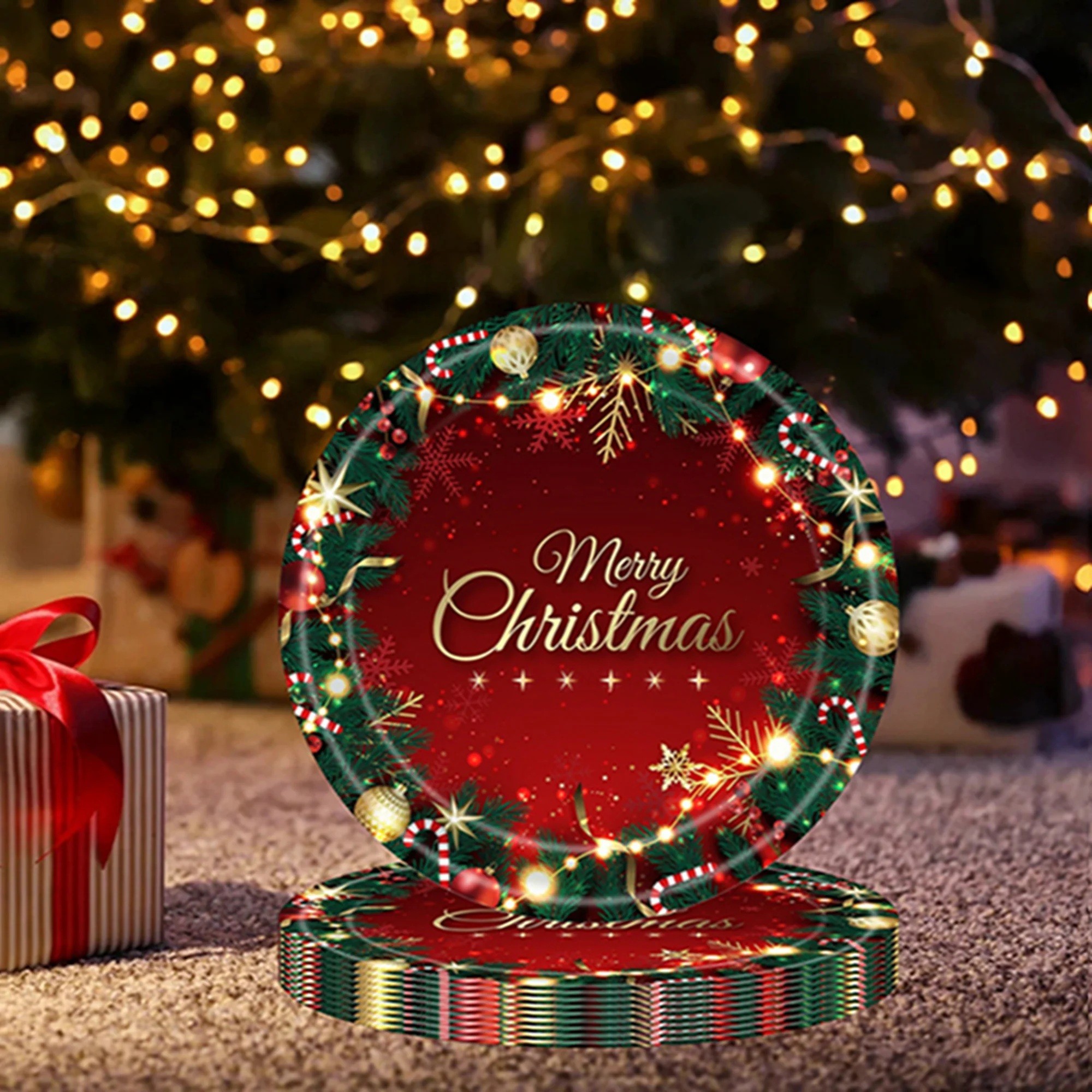 Set 16 Farfurii de Unica Folosinta, Flippy, Model Merry Christmas, Tematica Craciun, 23 cm, Rosu/Verde - imagine 2