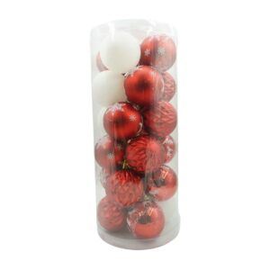 Set de 24 ornamente de brad, Flippy, de tip Glob, Alb/ Rosu, cu Ã¸ de 6 cm, din plastic, cu finisaj sclipitor , cutie  14  cm lungime x 32  cm inaltime x 14  cm adancime