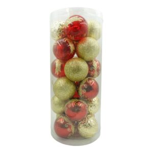 Set de 24 ornamente de brad, Flippy, de tip Glob, Rosu/ Auriu, cu Ã¸ de 6 cm, din plastic, cu finisaj sclipitor , cutie  14  cm lungime x 32  cm inaltime x 14  cm adancime