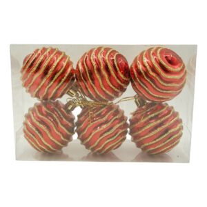 Set de 6 ornamente de brad, Flippy, de tip Glob, Rosu/ Auriu, cu Ã¸ de 7 cm, din plastic, cu finisaj sclipitor , cutie  21  cm inaltime x 14  cm lungime x 7  cm adancime