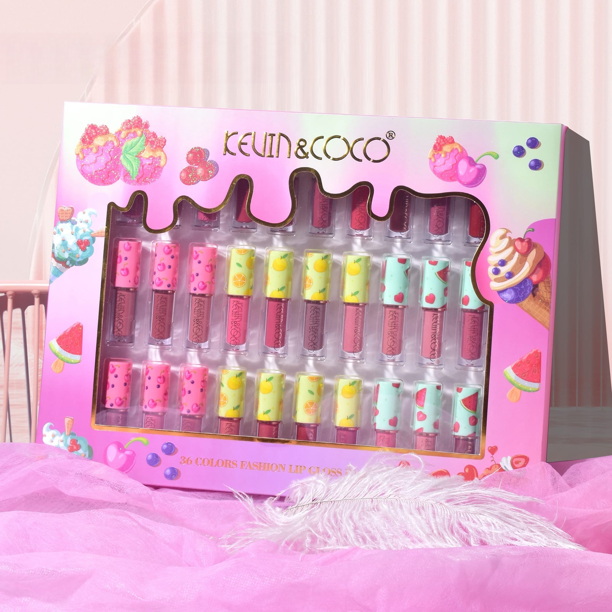 Set de Buze, KEVIN & COCO, 36 Lip Gloss-uri, Model Capac cu Fructe, 32.3 x 24.3 x 2.4 cm, Multicolor - imagine 2