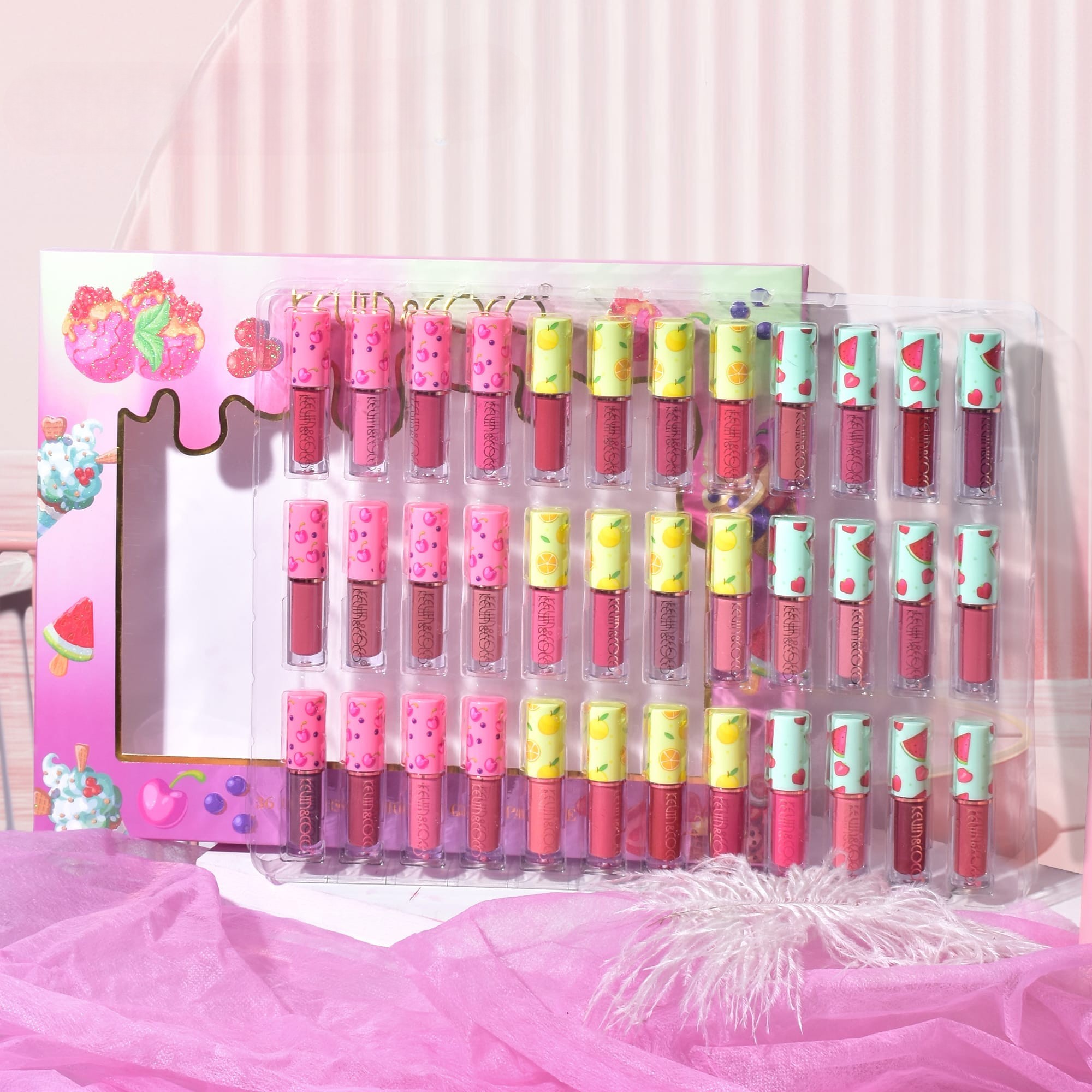 Set de Buze, KEVIN & COCO, 36 Lip Gloss-uri, Model Capac cu Fructe, 32.3 x 24.3 x 2.4 cm, Multicolor - imagine 4