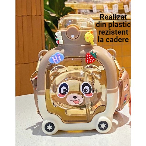 Sticla cu pai pentru copii, Flippy, model ursulet, gradata, stickere aplicate, curea reglabila, din plastic rezistent la cadere, 1l, Maro, 20 x 13 cm - imagine 4