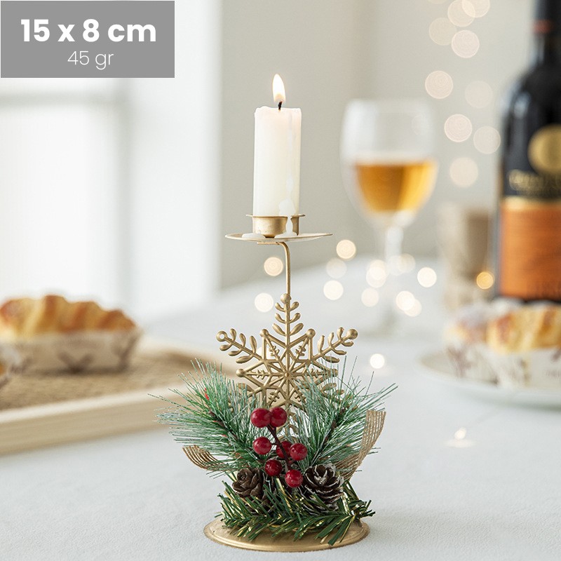 Suport Decorativ pentru Lumanare de Craciun, Flippy, Ornament pentru Lumanare, Model Fulg de Nea Auriu cu Crengute de Brad, din Art Metal, pentru Masa, fara Lumanare, 15 x 8 cm, Auriu - imagine 2