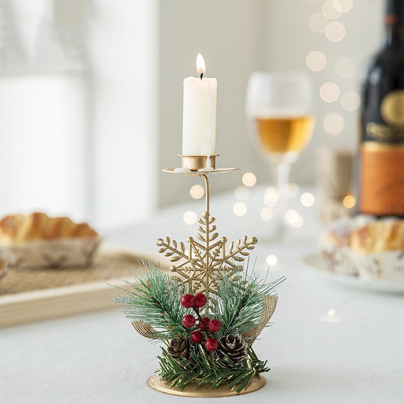 Suport Decorativ pentru Lumanare de Craciun, Flippy, Ornament pentru Lumanare, Model Fulg de Nea Auriu cu Crengute de Brad, din Art Metal, pentru Masa, fara Lumanare, 15 x 8 cm, Auriu - imagine 3